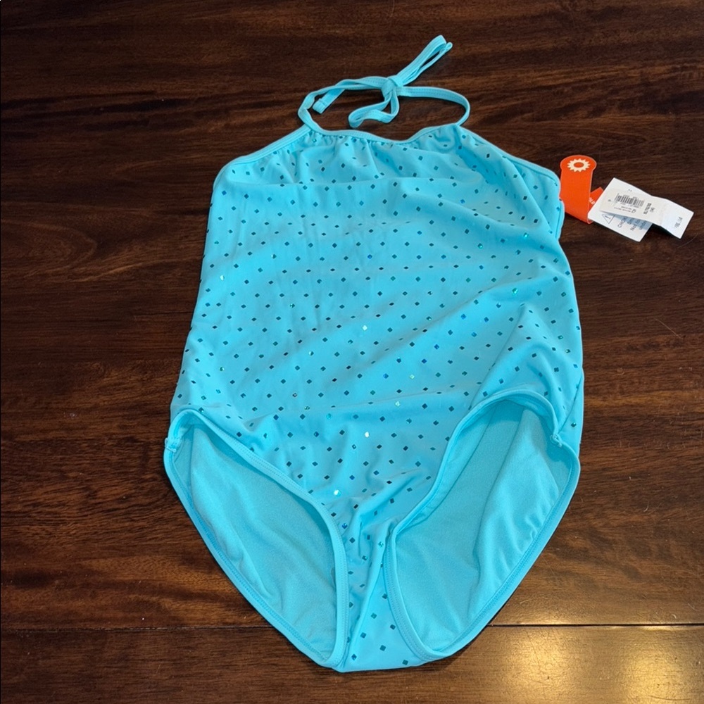Old Navy teal blue with metallic teal polkadots swimsuit girl size 14